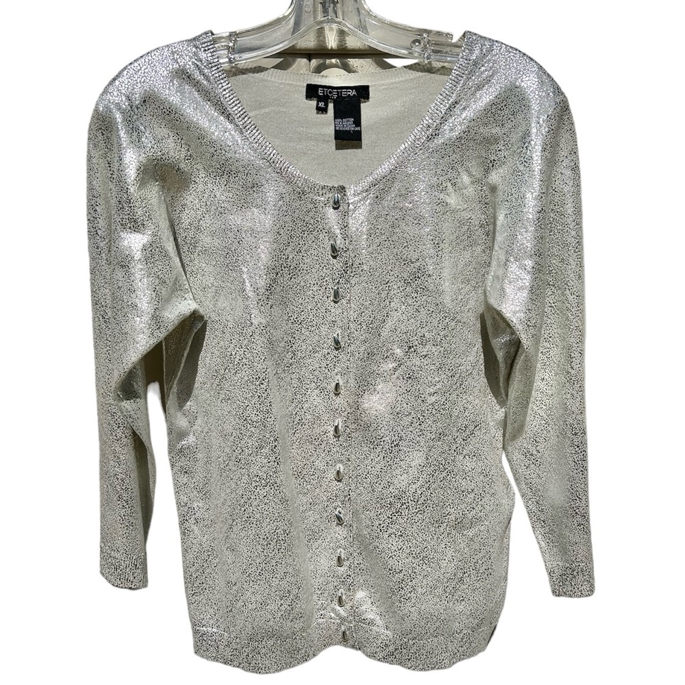 NWOT ETCETERA Metallic Silver Cotton Party Cardigan Sweater Size XL NEW $275
